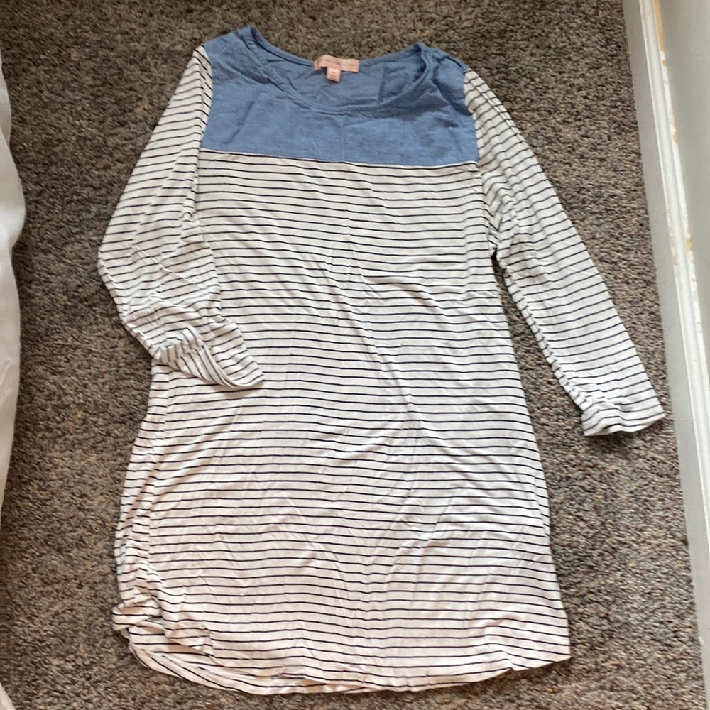 Maternity Shirt. Navy and white stripe with light denim top.